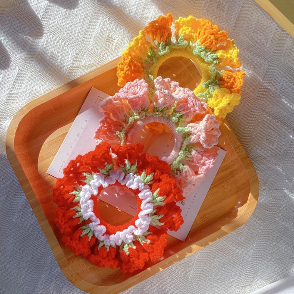 Elastic Crocheted Flower Scrunchies Handmade Sweet Hair Tie Cute Knitted Hair Rope Ponytail Band