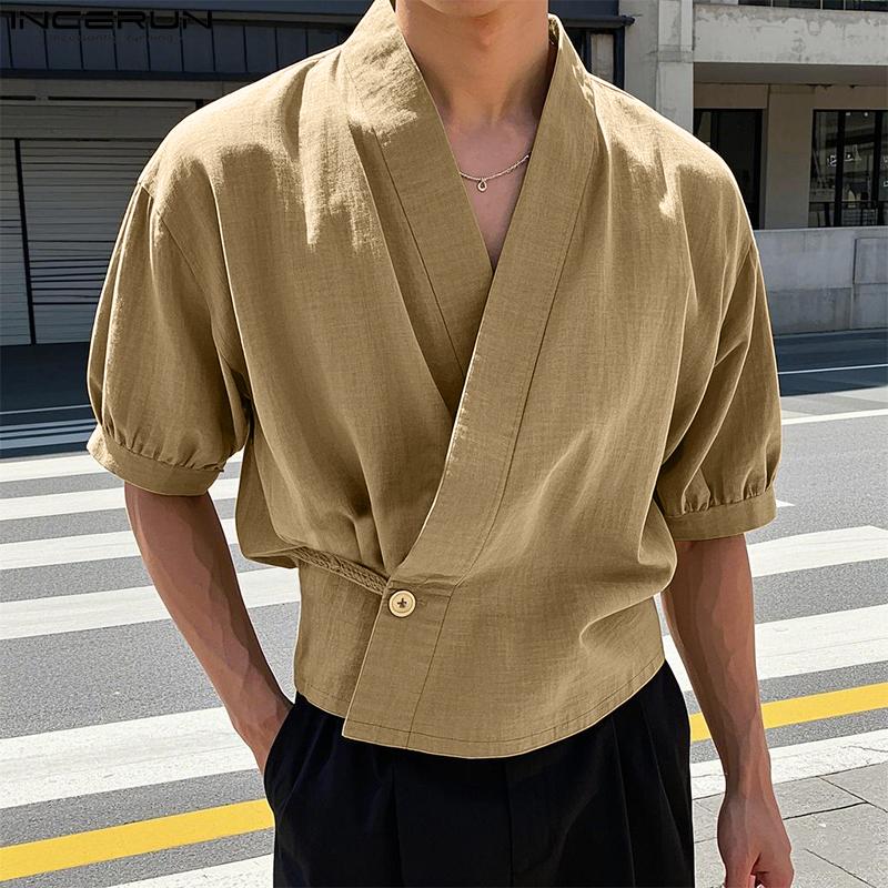 INCERUN Мужские летние футболки с коротким рукавом и крестом спереди