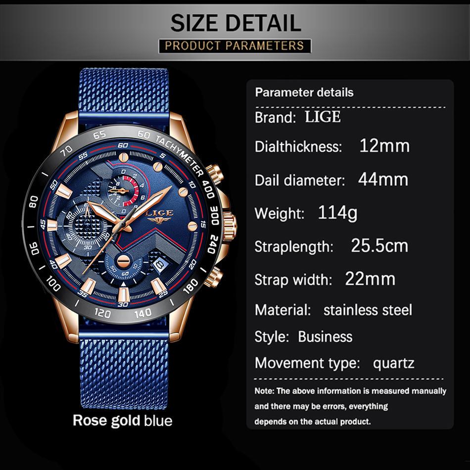 LIGE 2020 New Mens Watches Wrist Watch Quartz Clock Blue Watch Men Waterproof Sports Chronograph