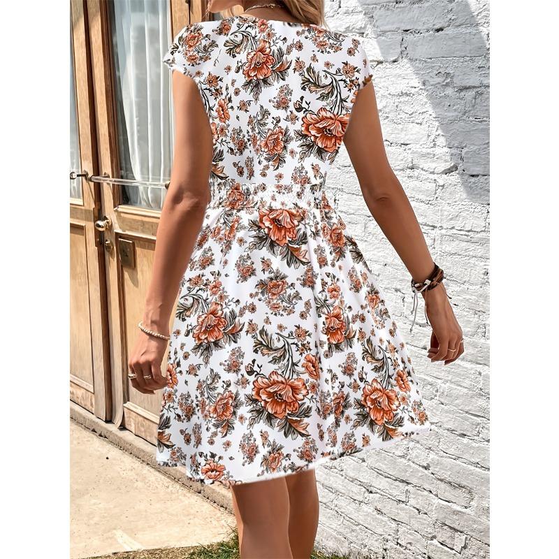 YYFS Women's Fashion Summer Spring Flower Pattern Print Short Sleeve V-Neck High Waist Casual Dresses