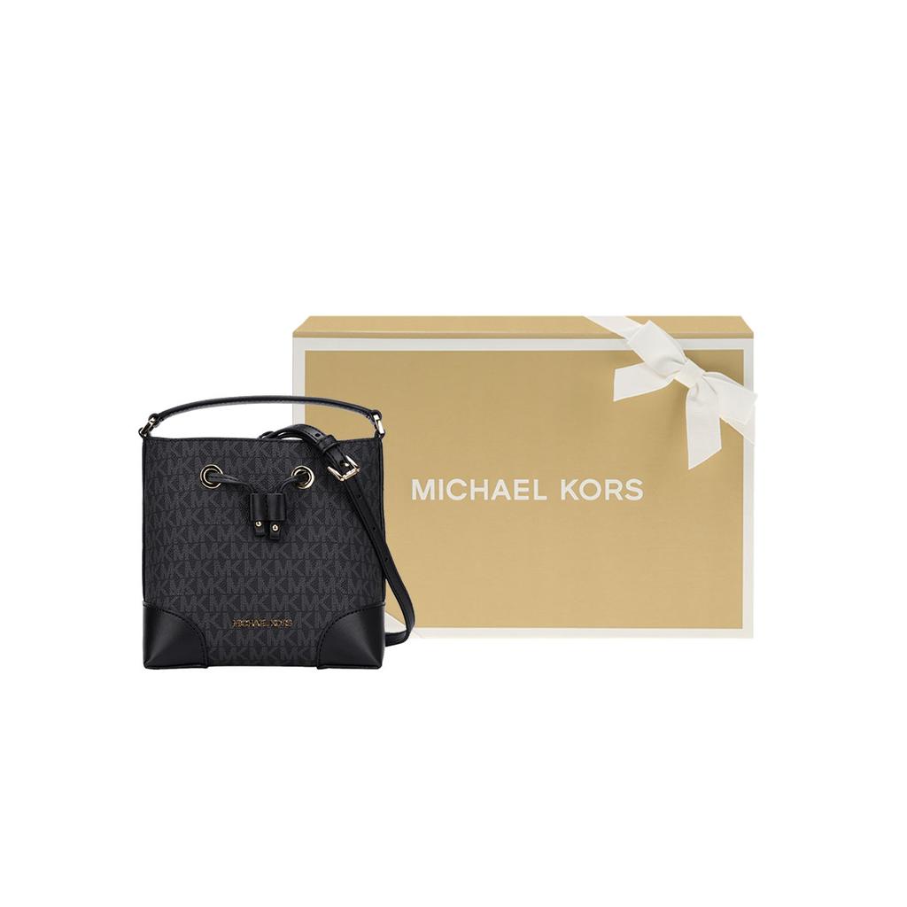 Michael Kors MK Mercer 18 Классическая сумка-ведро с монограммой и завязками Холщовая Женские сумки Черный 35F2GM9M1B-BLACK