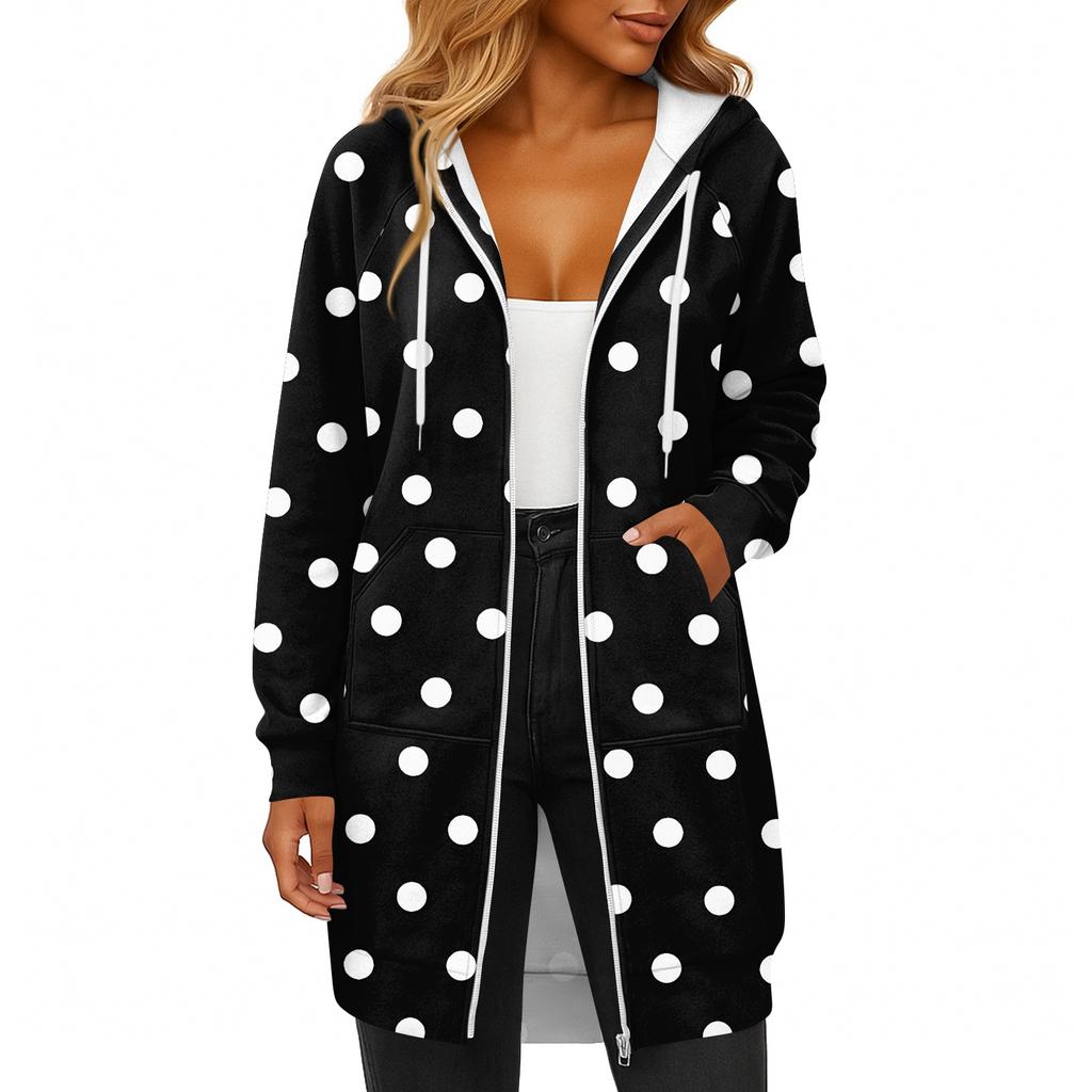 Women's Fashionable Printed Long Sleeved Drawstring Hooded Zipper Pocket Long Casual Sweatshirt Jacket