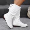 Fashion Fashion White Women's Mid Calf Boots Pleated Design PU Leather Cowboy Boots Woman Lace Up Comfort Low Heels Casual Botas Mujer