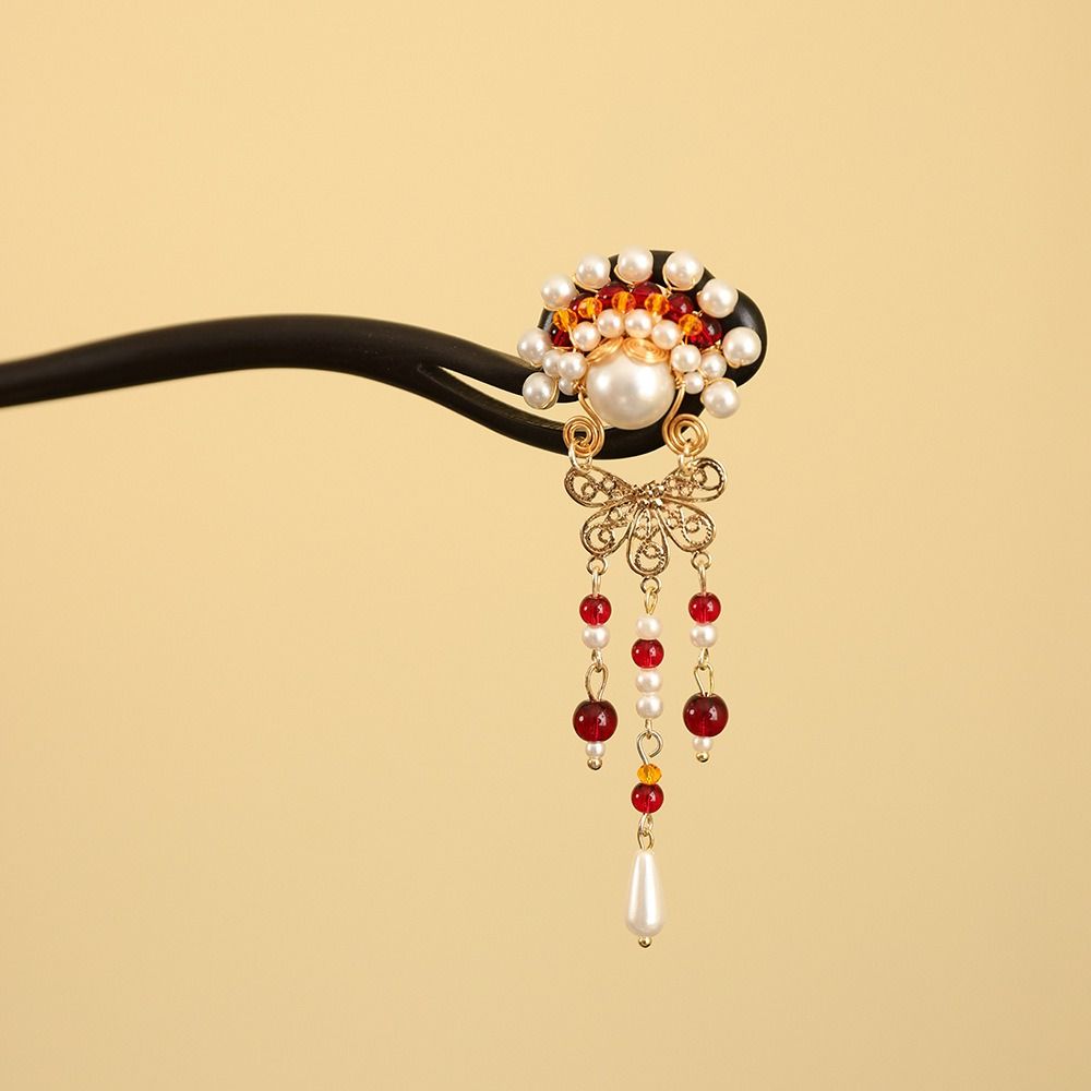 Red New Chinese Style Hair Clip Tassel Hanfu Hairpin Temperament Wooden Hair Stick  Bridal