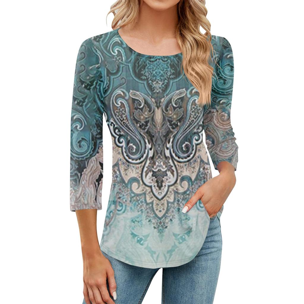 Женская модная повседневная плиссированная футболка с круглым вырезом и принтом для отдыха с рукавом семь четвертей