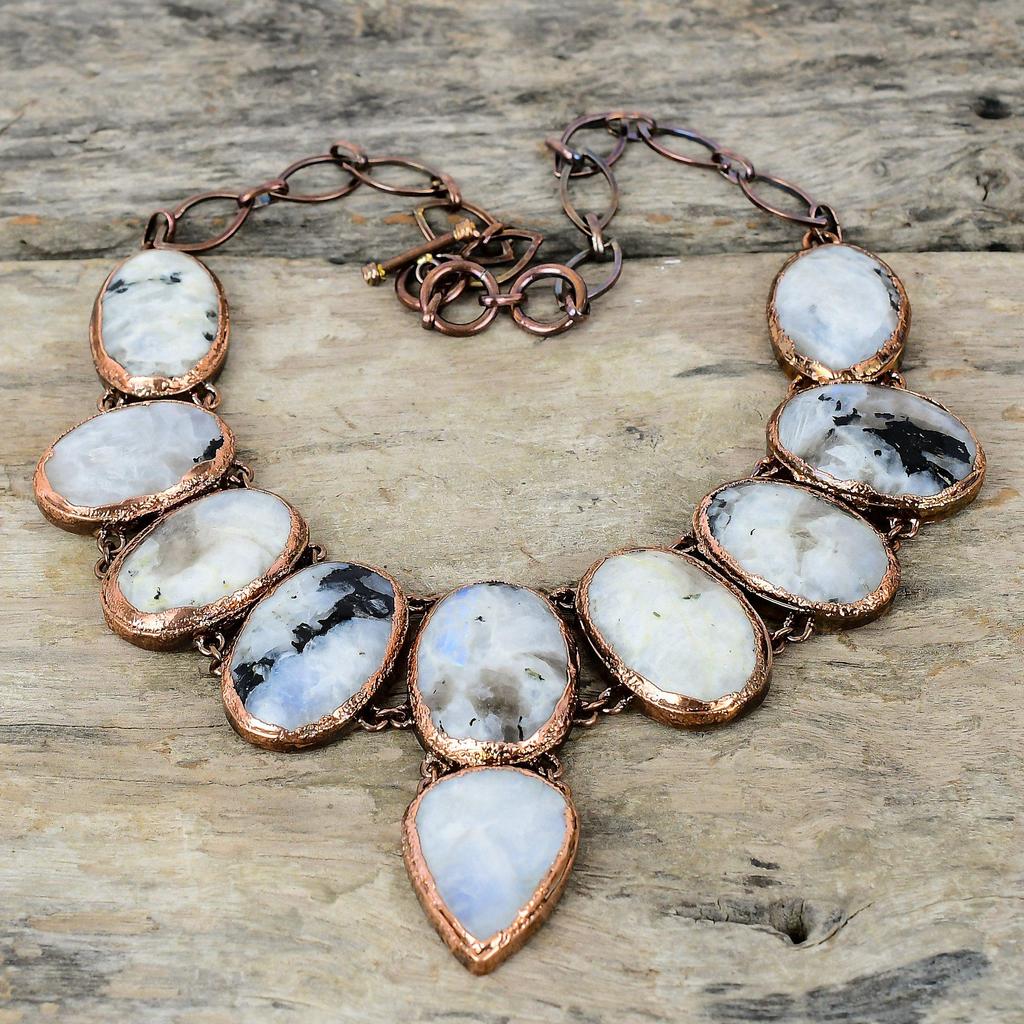 Ожерелье из радужного лунного камня Ожерелье из электроформованной меди Регулируемая цепочка Ожерелье Изысканное ожерелье из драгоценных камней Медные украшения ручной работы для подарка