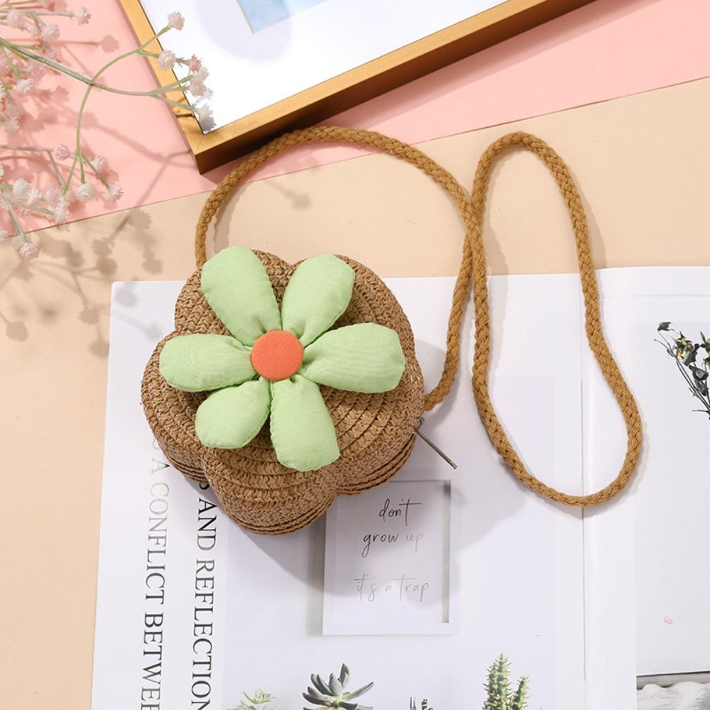 Cute Handmade Kids Straw Bag Flower Shape Woven Crossbody Bag Summer Beach Bag for Children Girls