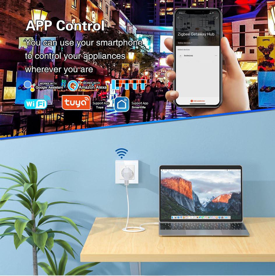 Умная WiFi розетка европейского стандарта с удаленным управлением через приложение, голосовым управлением, таймером и мониторингом энергопотребления