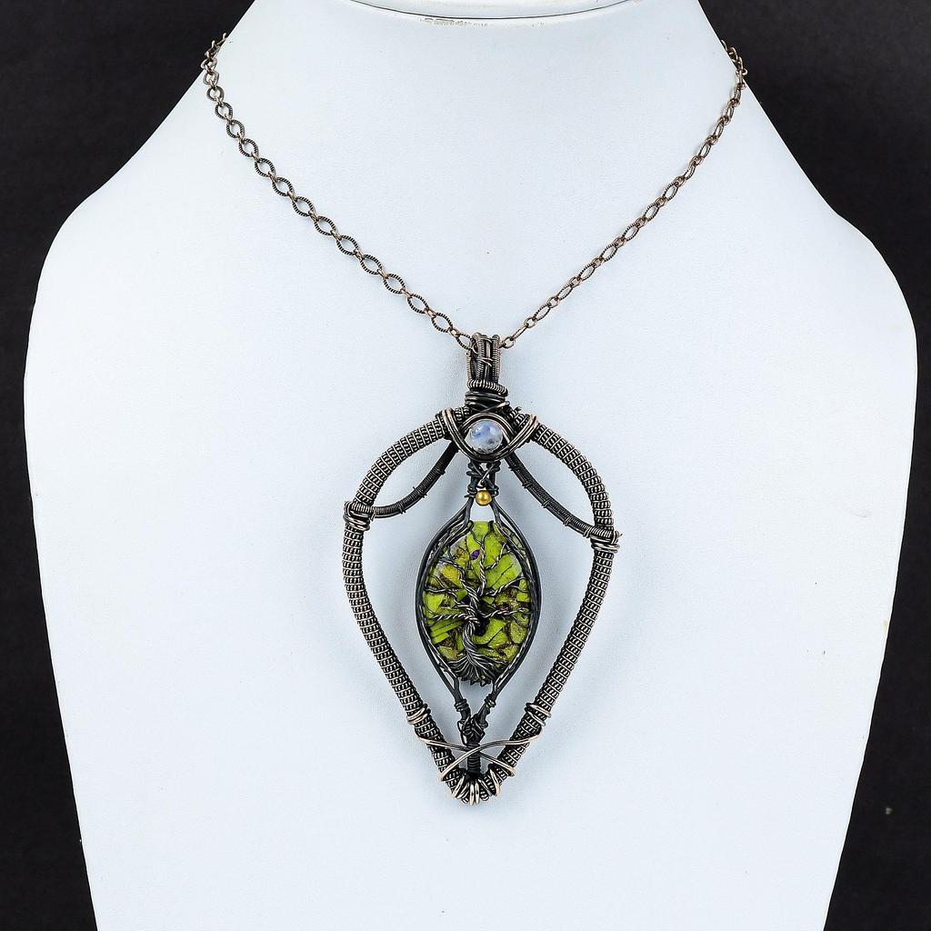 Подвеска из меди «Дерево жизни» со стихтитом, подвеска из медной проволоки, ювелирное изделие ручной работы, кулон с радужным лунным камнем, подарок для мамы, ювелирные изделия из драгоценных камней