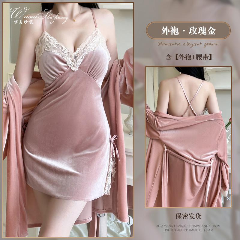Sexy female autumn and winter new velvet slit suspender pure desire suspender nightgown set