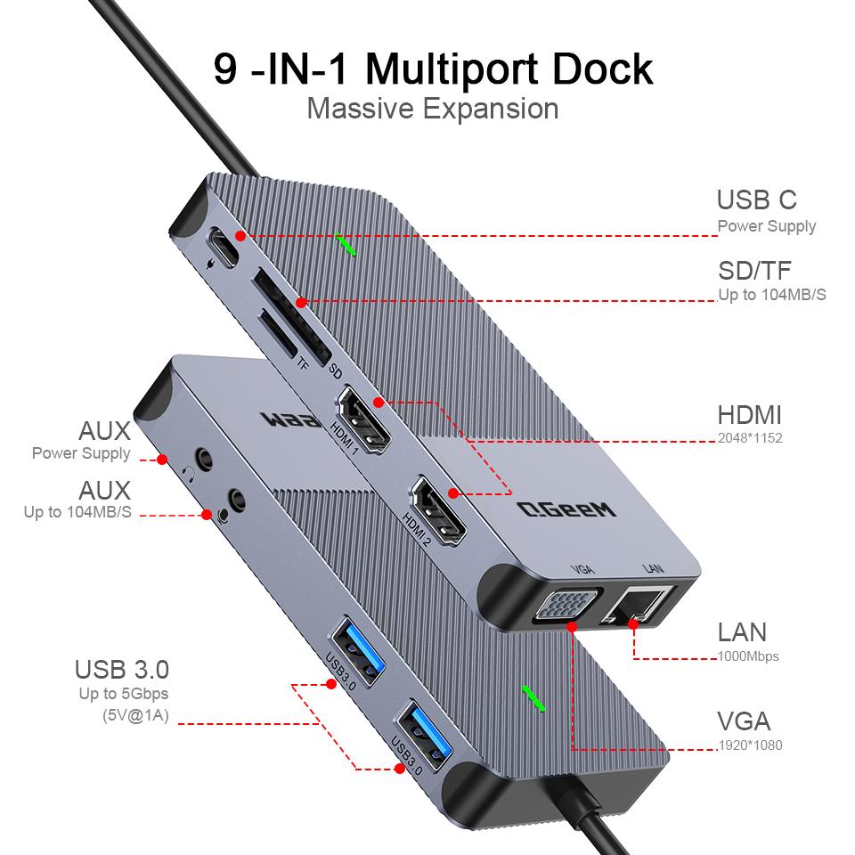 QGeeM Док-станция USB-концентратор 3.0 с тройным дисплеем, двойной HDMI VGA USB-адаптер-разветвитель для ноутбуков Xiaomi USB3.0-концентратор Аксессуары для ПК