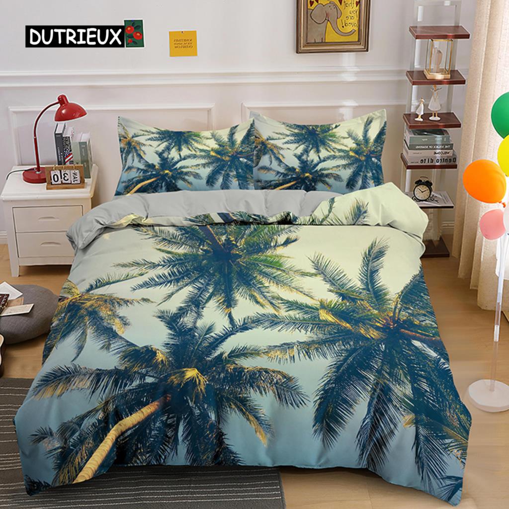 Тропические Ботанические Листья King Size Queen Size Пододеяльник Зеленые Пальмовые Листья Премиум Полиэстер Комплект Постельного Белья для Детей Подростков Взрослых с Наволочкой
