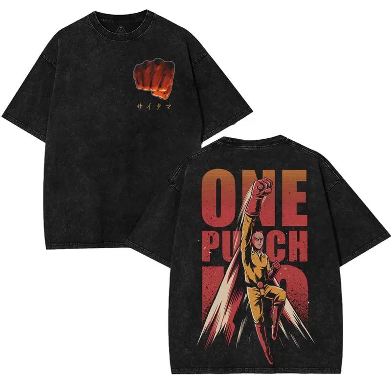 Anime One Punch Man Saitama Graphic T Shirt Men Women Short Sleeve Clothing Oversized Tshirt Washed Cotton Tee Harajuku T-shirt