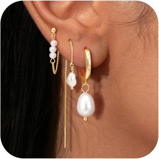 3 Pairs Hypoallergenic Pearl Dangle Hoop Earrings Sets for Women | Dainty Pearl Dangle Hoop Earrings, Mismatched Threader Stud Earrings Stack 14K