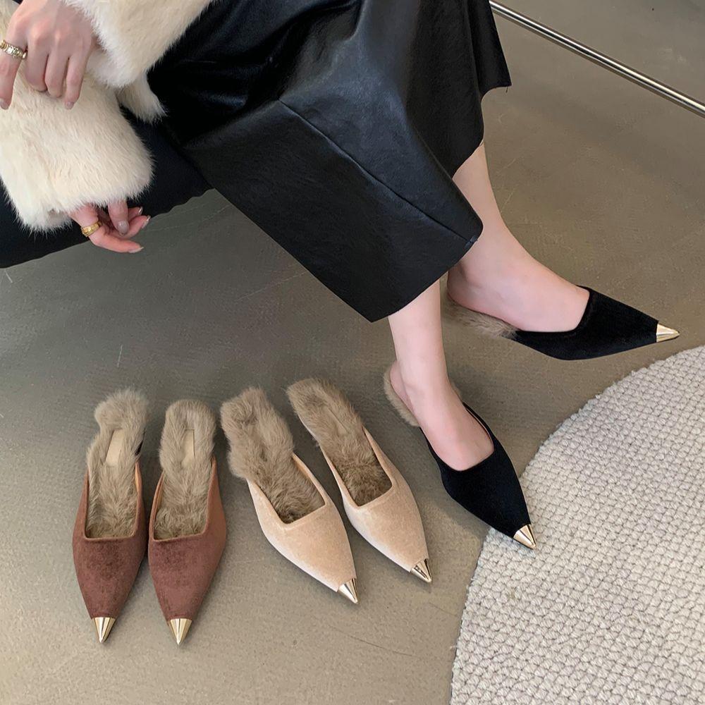 Fashion Flock Women Slides Slippers Pointed Toe Outside Slides Thin Low Heels Beige Brown Black 2024 New Arrivals Casual Dress Sheos 39