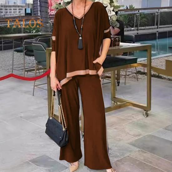 Женский комплект из 2 предметов: топ и брюки, V-образный вырез, рукава три четверти, толстовка с эластичной резинкой на талии, широкие спортивные штаны, спортивный костюм, осенний повседневный спортивный костюм