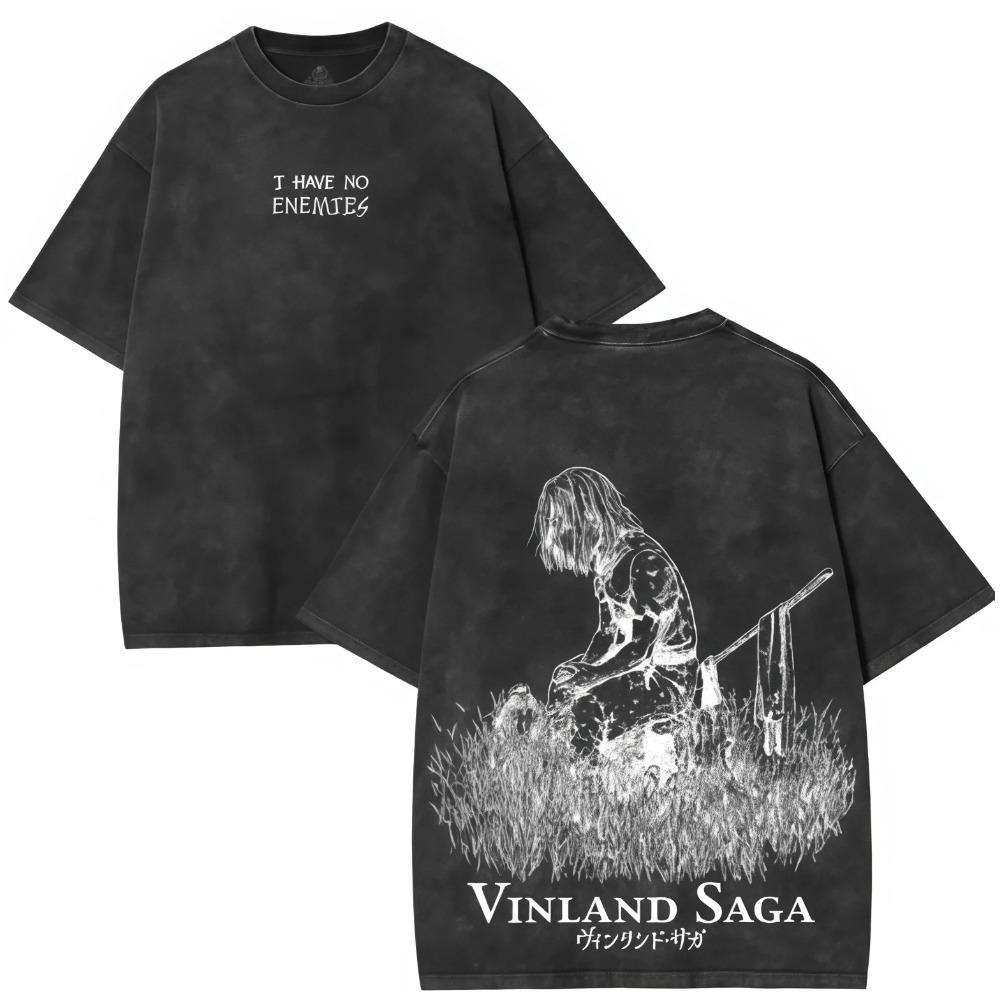 Vinland Saga Стиранная Футболка Новая Модель Футболка для Любителей Аниме Оверсайз Круглогодичная Одежда Унисекс Уличная Одежда Y2k Мягкая