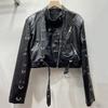 American Retro Short Leather Jacket for Women Autumn New Metal Ring Motorcycle Wear Pu Leather Jacket Top