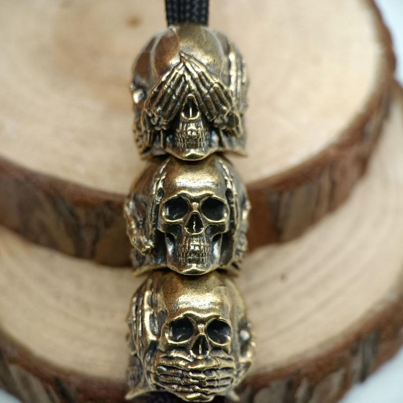 Трехсторонние латунные бусины в виде головы черепа, ножевые бусины EDC для улицы, DIY плетеный паракордовый шнурок, брелок, шармы, ювелирные аксессуары