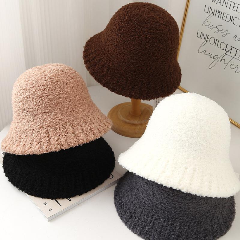 Simple solid color lamb wool bucket hat women's autumn and winter versatile warm and cold-proof face small knitted bucket hat