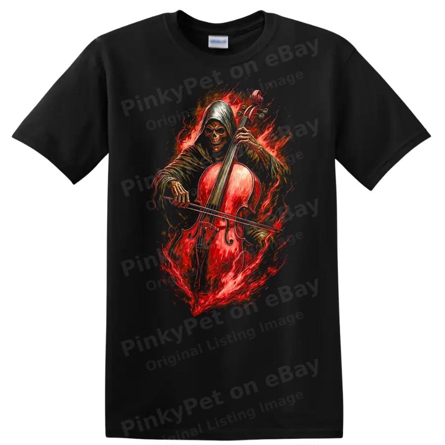 Skull Playing Cello T Shirt Grim Reaper Musician Ghost Fire Tee