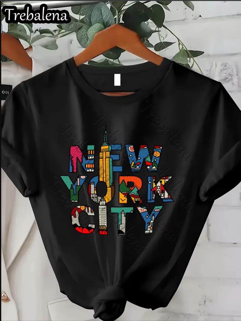 Женская повседневная футболка из чистого хлопка с принтом букв New York City, круглый вырез, короткий рукав, всесезонная, универсальная