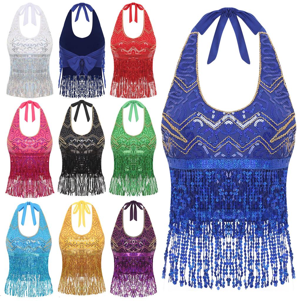 Womens Sleeveless Halter Top Sequins Tassel Fringe Crop Bra Dance Wear
