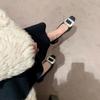 Sheepskin Version~ Shallow Mouth Square Head Thick Heel High Heels Satin Flat Bottom Middle Heel Square Buckle Rhinestone Single Shoes Women