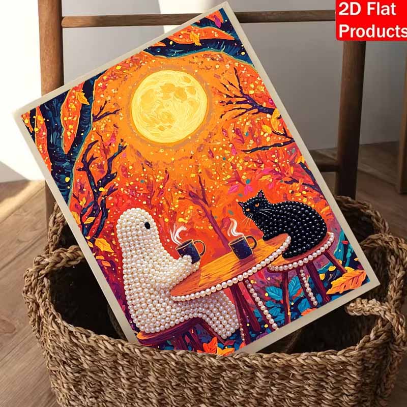 Halloween pearl painting art full pearl handmade diy home decorations moon forest ghost and black cat coffee scene wall art decor