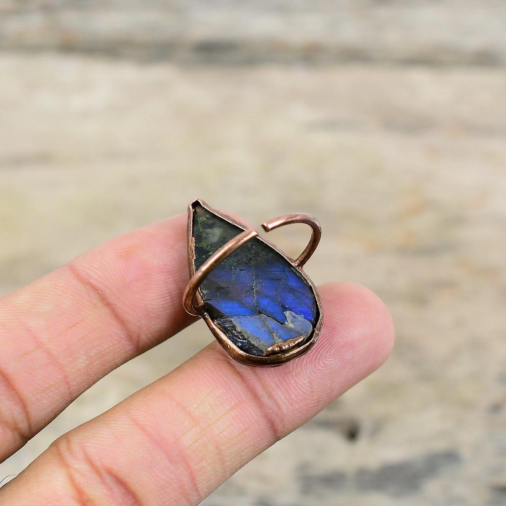 Кольцо из лабрадорита, гальванопластическое медное кольцо, регулируемое кольцо, ювелирные изделия ручной работы, изящное кольцо из драгоценных камней, гальванопластическое медное ювелирное изделие для подарка