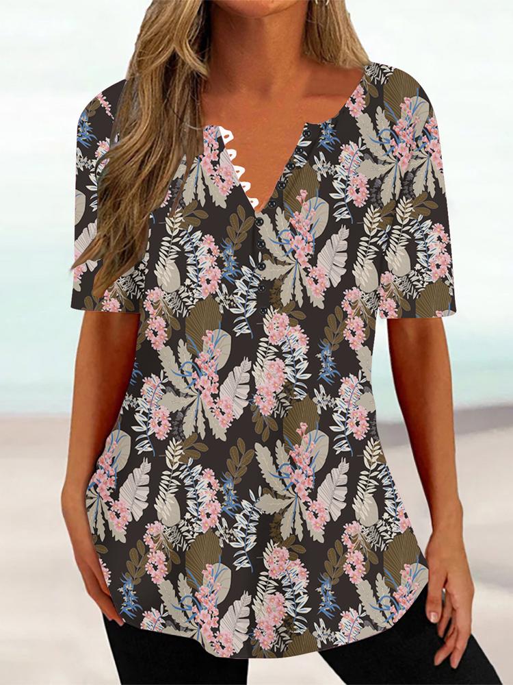 Женская летняя футболка с цветочным принтом и V-образным вырезом, с короткими рукавами, женский винтажный топ средней длины, свободный топ, женская одежда