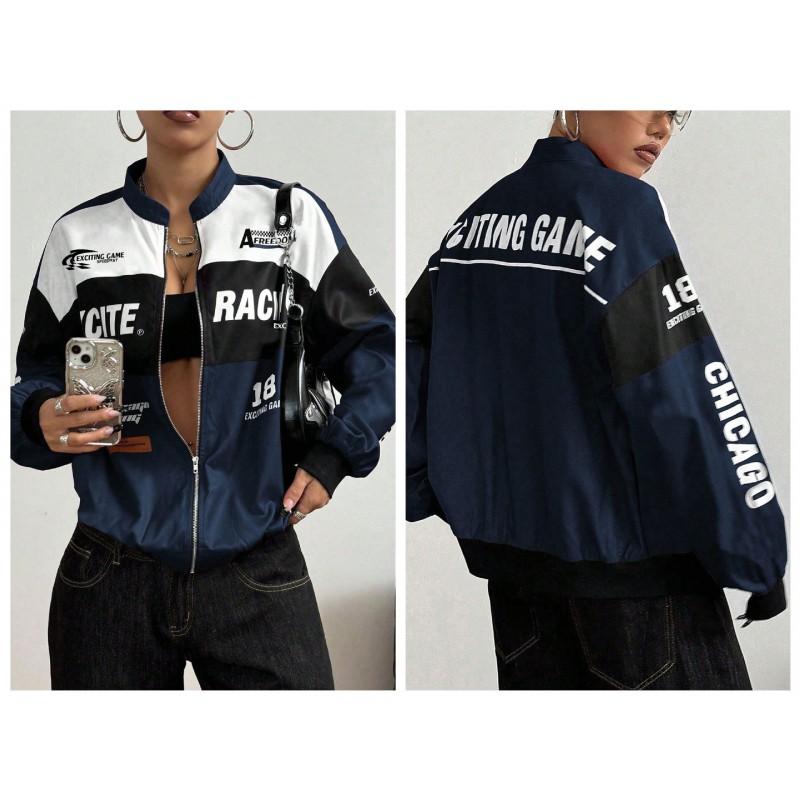 Womens Racing Jacket Casual All-match Letter Print Stand Collar Zip Up Everyday Outerwear