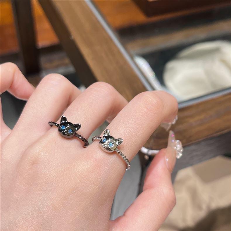 Cute Minimalism Thin Metal Cat Ring For Women Men Retro Silver Color Kitten Animal Zircon Open Ring Party Jewelry Gift