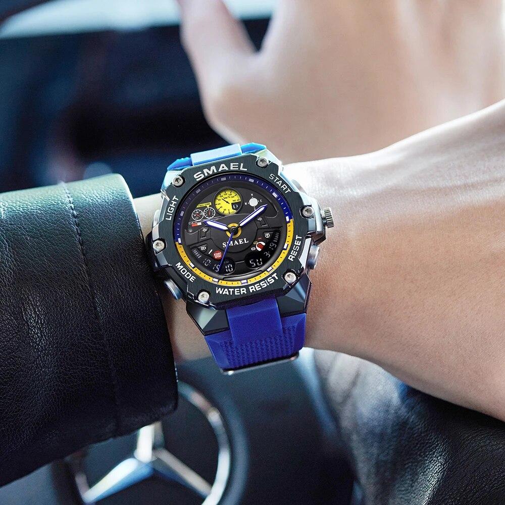 SMAEL Электронные цифровые часы с двойным дисплеем, спортивные часы, водонепроницаемые часы 50 м, будильник 8092, молодежные модные кварцевые наручные часы