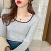 Long-sleeve T-shirt for Women Spring and Autumn Bottom Blouse Slim Knitted Patchwork Square Neck Top