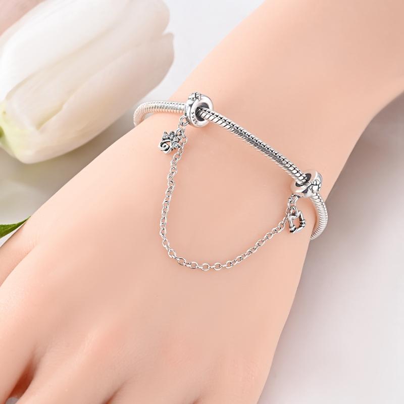 Copper Pink Tableware Fork Plate Security Chain Charms Beads Pendant For Original Bracelet Woman Girl Jewelry