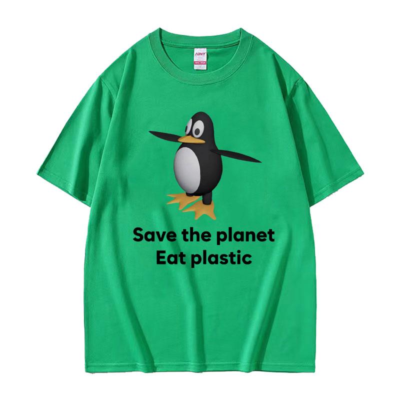 Save The Earth Eat Plastic Funny Meme TShirt Cute Penguin Graphics Mens T Shirt Fashion Casual Oversized Short Sleeve Tshirts