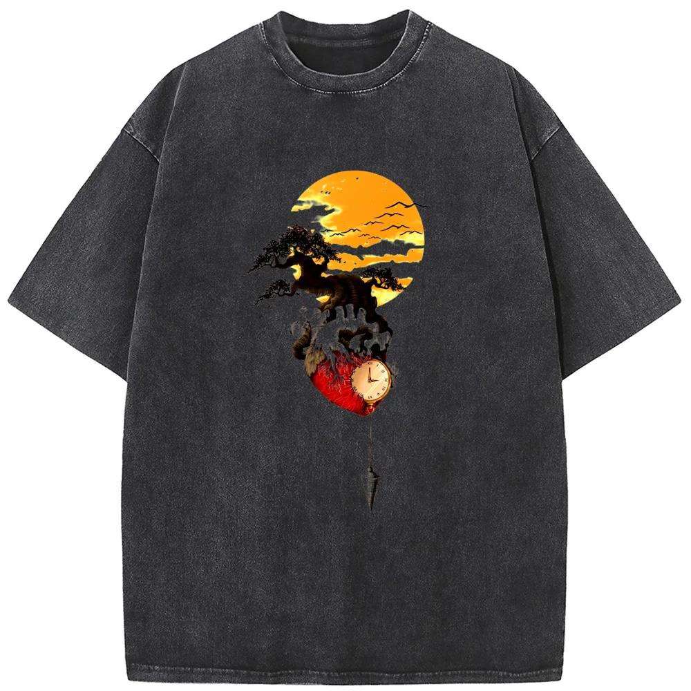 Время Заката Гора Мужская Женская Выстиранная Футболка Хлопок Смешная Свободная Отбеленная Футболка Ретро Отбеленная Футболка Топы Футболка