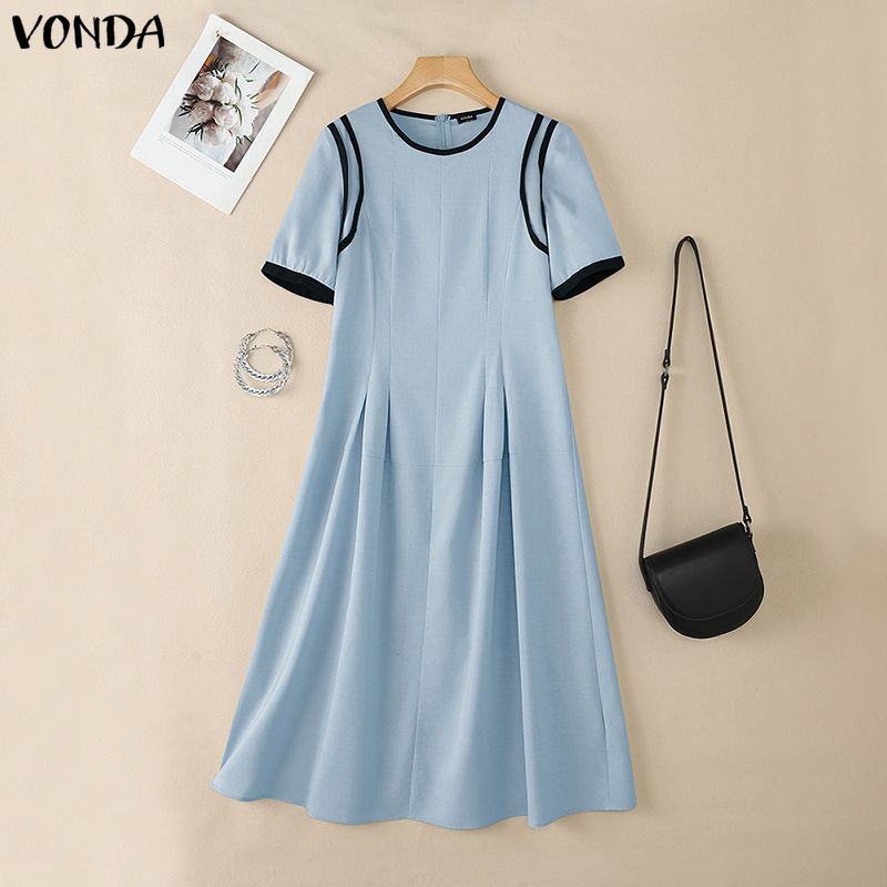 VONDA Женское летнее повседневное платье-сарафан с круглым вырезом, коротким рукавом и вставками