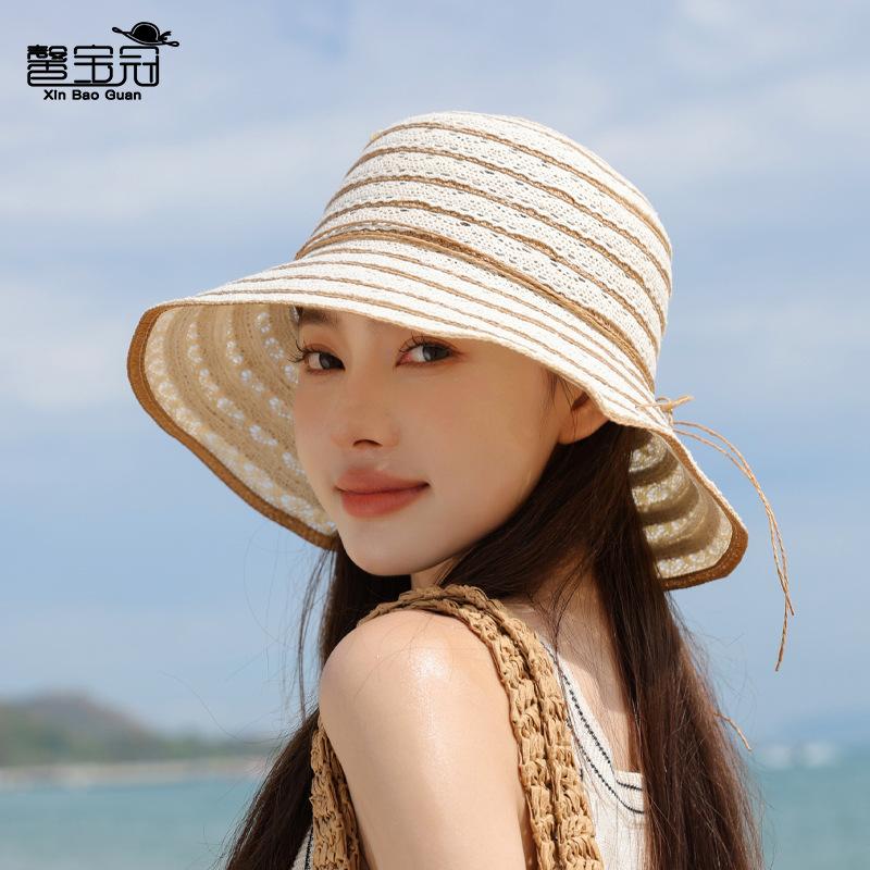 Summer Hollow Lace Straw Hat Women's Outdoor Beach Sunscreen Hat Design Sun Hat Large Brim Sunshade Bucket Hat