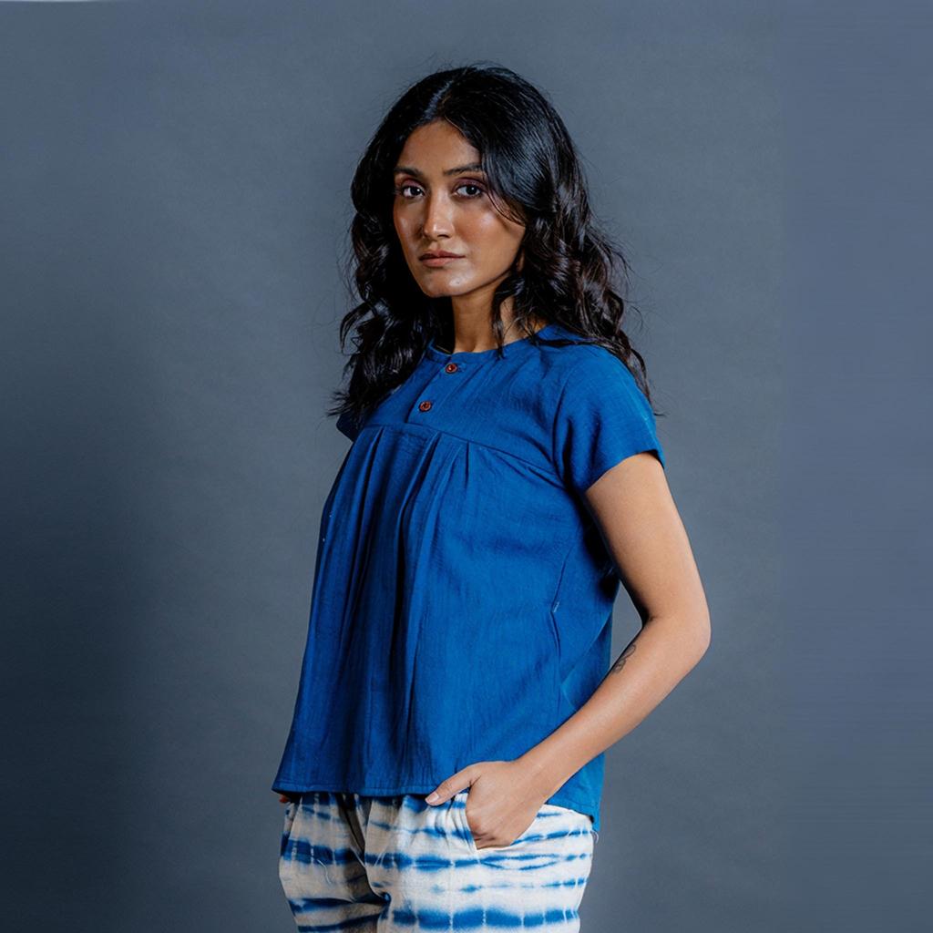 Women's Tunic Top made of Cotton - Indigo Loose Fit Blouse, Cropped Short Sleeve, Casual Everyday Top for Autumn