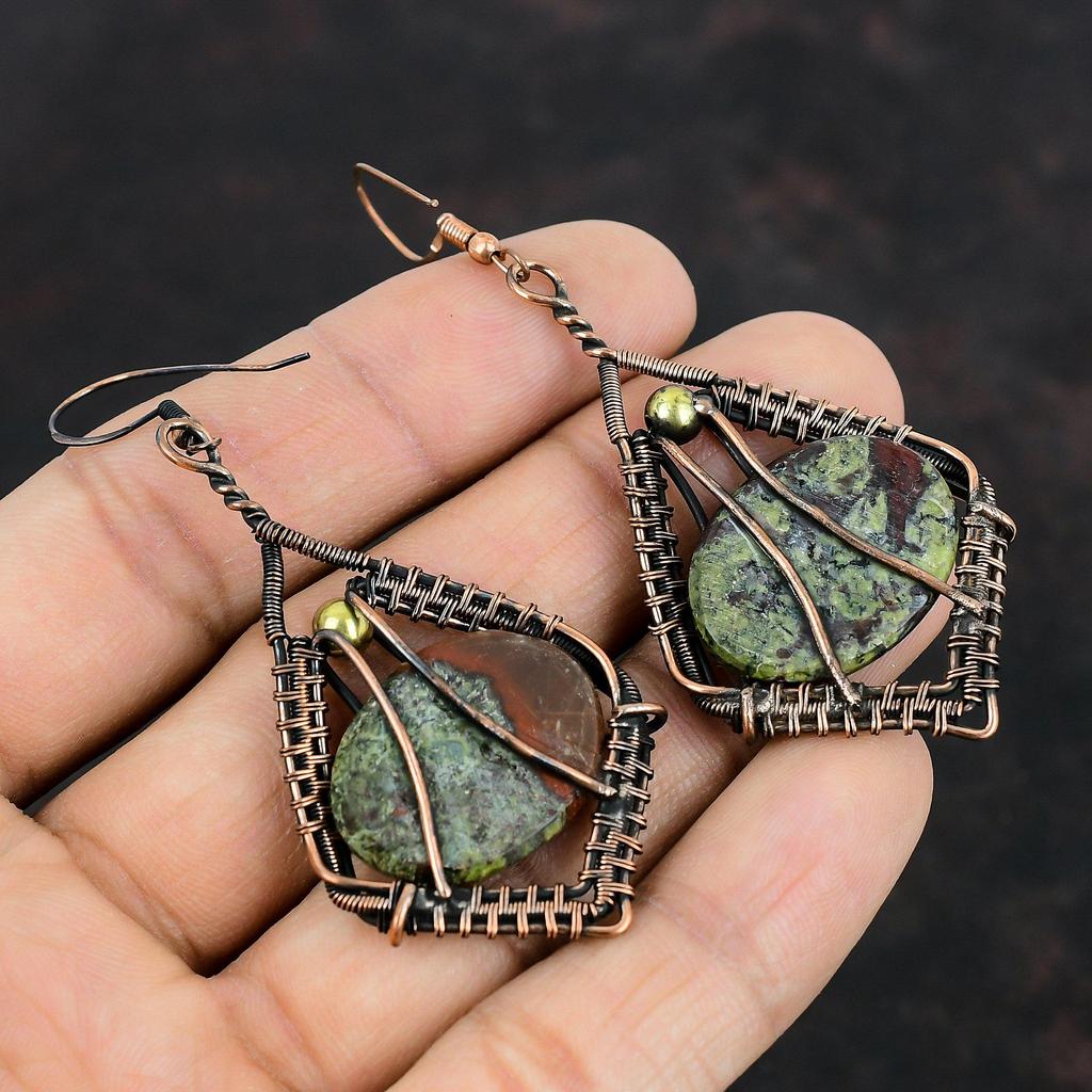 Серьги с кровавым камнем дракона, серьги из медной проволоки, ювелирные изделия ручной работы, новейший дизайн, серьги с драгоценным камнем, медная проволока, ювелирные изделия, подарки для друга