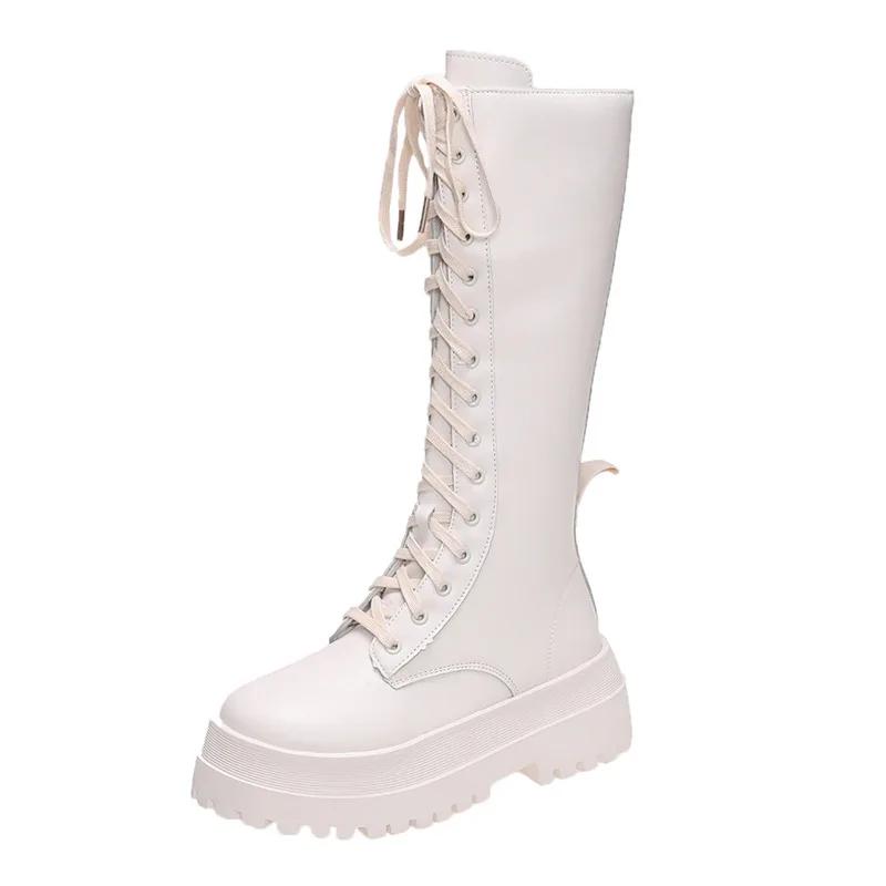 Women Knee High Boots Thick Sole Punk Style Women Motorcycle Boots Retro Square Heel Lace Up Women Boots Black White Botas Mujer