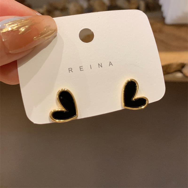 Korean Sweet Cute Black Heart Stud Earrings for Women Girl Fashion Blue Glaze Aesthetic Geometric Earrings Jewelry Gift