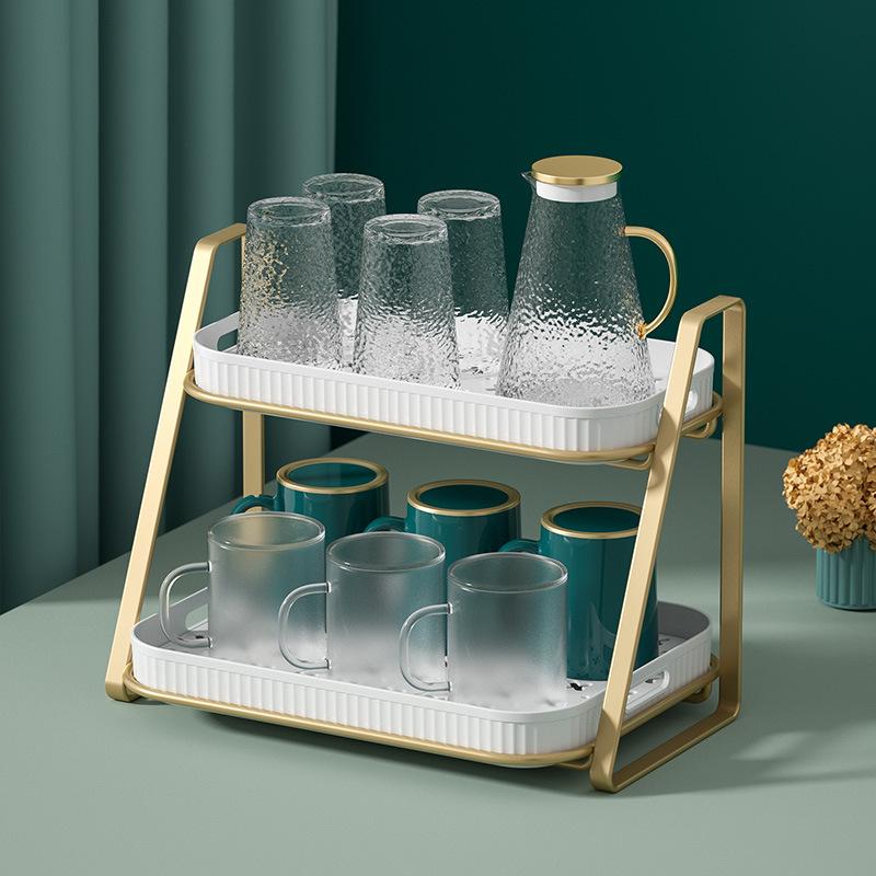 Water Cup Storage Rack with Tray Double-layer Tea Cup Coffee Storage Rack Water Cup Glass Tabletop Tray Drain Shelf