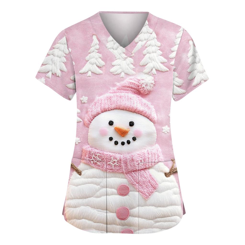 Женский модный рабочий топ с V-образным вырезом, рождественским принтом, короткими рукавами, карманом, боковым разрезом, базовый пуловер