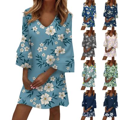 Женское модное платье с V-образным вырезом, однотонное, большого размера, свободное, длинное, с большим клешем, с рукавами 3/4