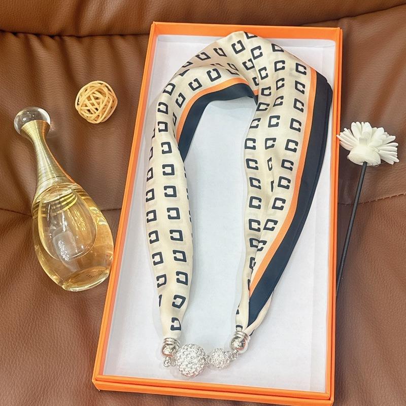 Silk Scarf Women's Spring, Autumn and Summer New Fashion Neck Protection Decoration Long Necklace Type Magnetic Buckle Scarf Small Scarf