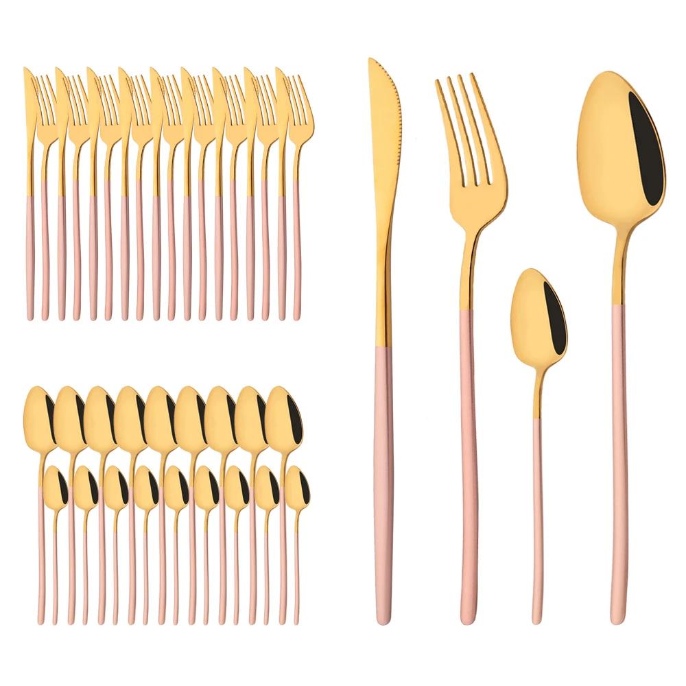 40Pcs Flatware Set Luxury Green Gold Cutlery Set Stainless Steel Dinnerware Fork Kitchen Knife Fork Coffee Spoon Tableware Set