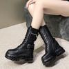 9СМ Осенние Теплые Ботильоны для Женщин Кожаные Короткие Ботинки Круглый Носок Высокая Платформа Мех Мотоботы Толстый Каблук Кроссовки Обувь